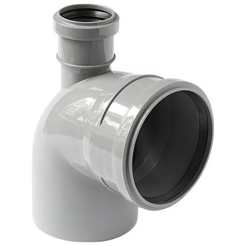 Отвод канализационный ПП 110*87гр.С мм с выходом 50 мм фронтальный с раструбом серый
