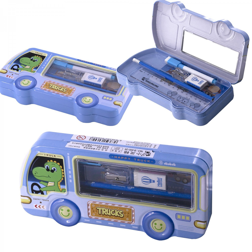 Пенал металлический машина, 2 отделения, Alingar, линейка 15 см, 1 ч/г карандаш, 1 точилка, 1 ластик, 1 меркер, 95 х 210 мм, "Дино за рулем", голубой, европодвес