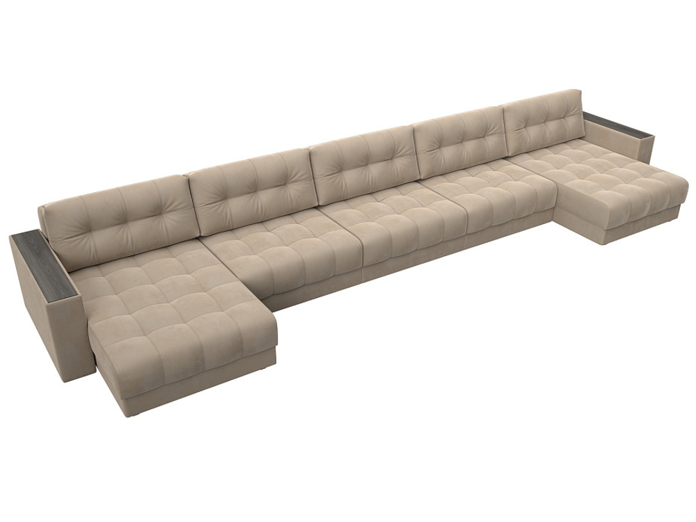 Диван П-образный с декором Лига-049 НПБ Мегалонг, SEVEN 729 ВЕЛЮР бежевый