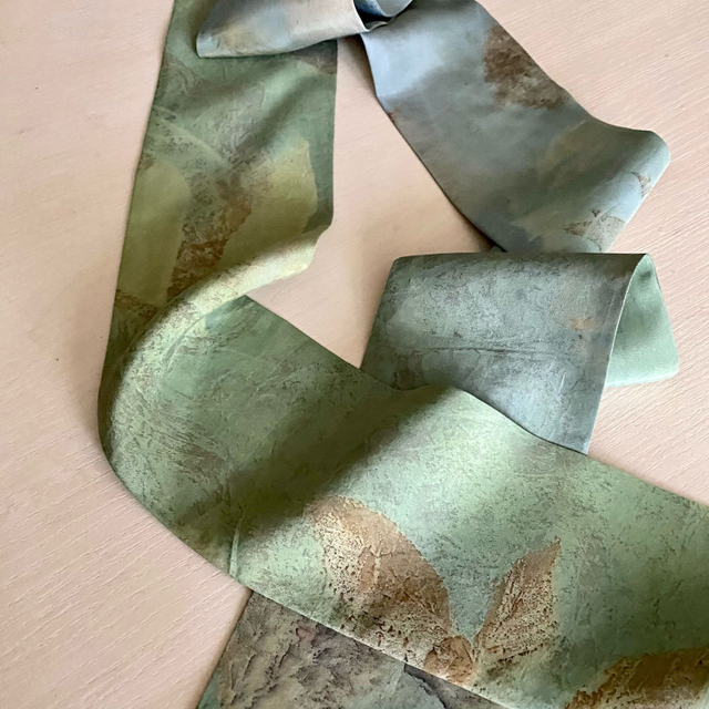 Лента бант, лента твилли  "Зеленая река " с экопринтом