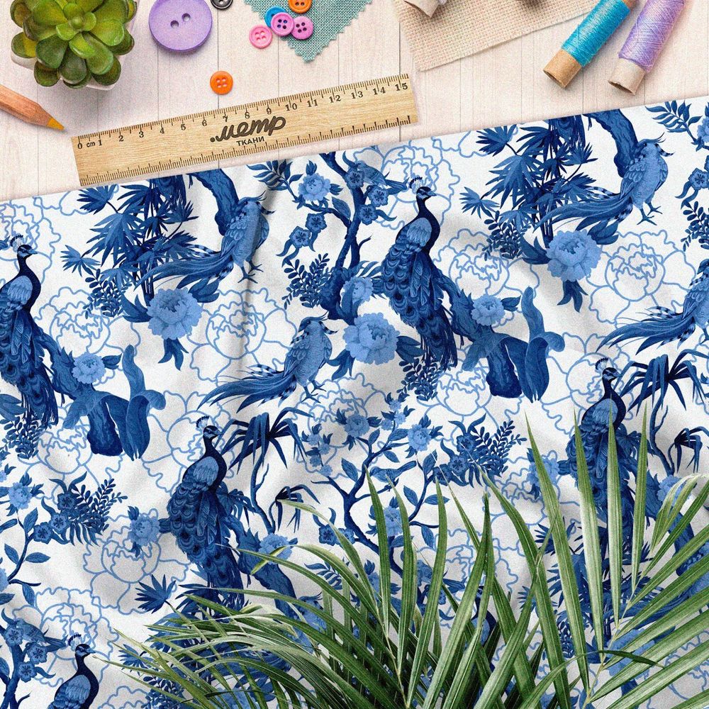 Ткань флис синие павлины
