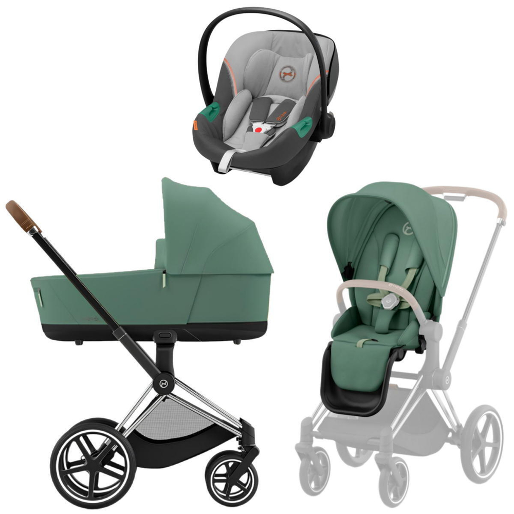 Коляска 3 в 1 Cybex Priam IV Chrome Brown complete и автокресло Aton S2 i-Size Lava Grey Leaf Green