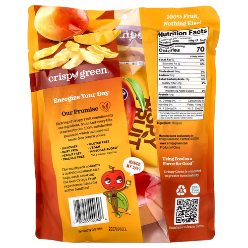 Crispy Green, хрустящие фрукты, манго, 4 пакетика по 18 г (0,63 унции)