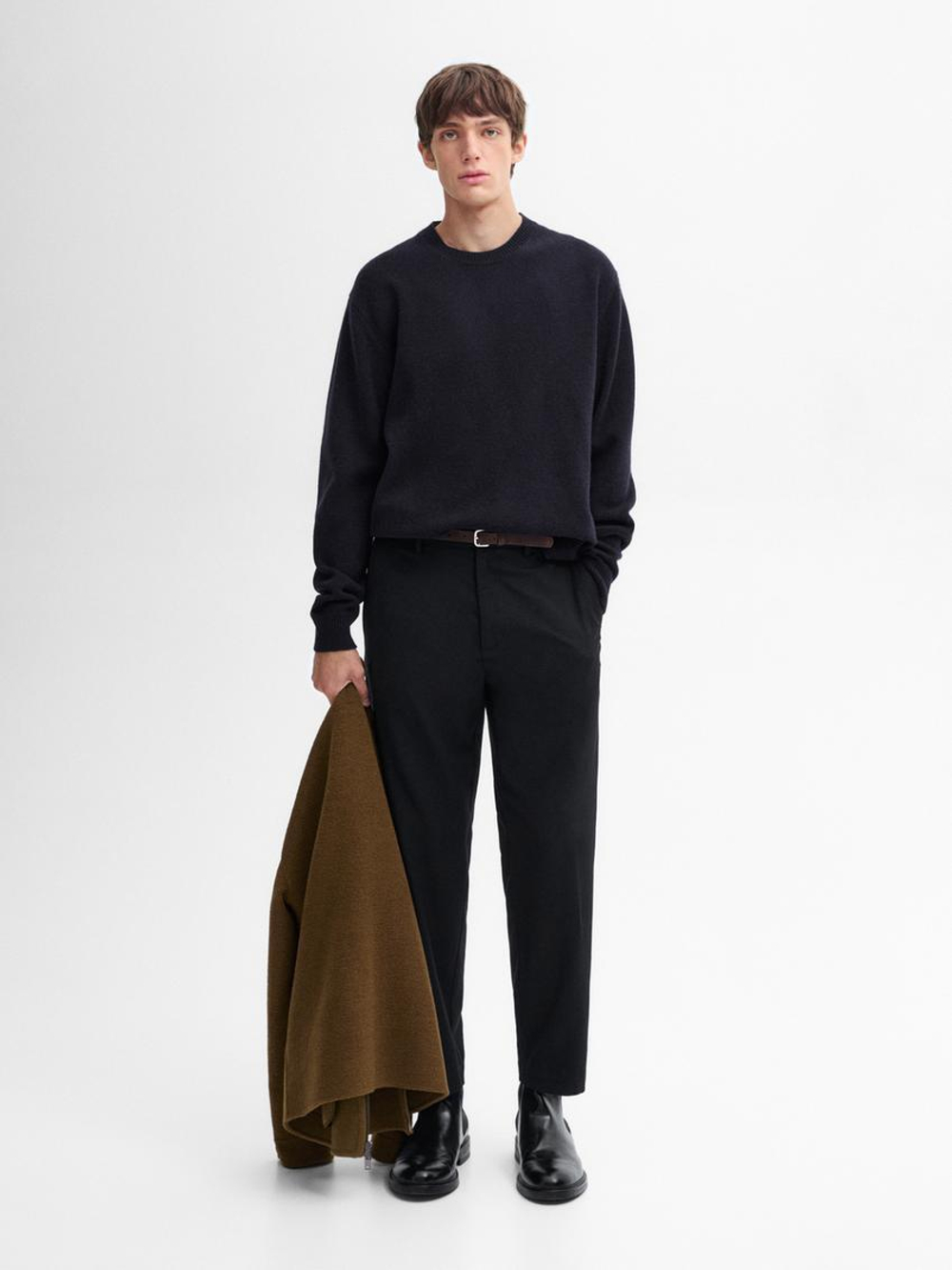 Massimo Dutti Свитер из смесовой шерсти с круглым вырезом, темно-синий