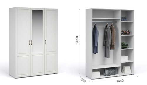 Спальня Лацио Шкаф 3д (с зеркалом) Белое дерево (ручка бронза)