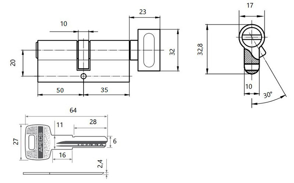 Цилиндр Апекс SM-85(35C/50)-C-NI верт/кл никель перф