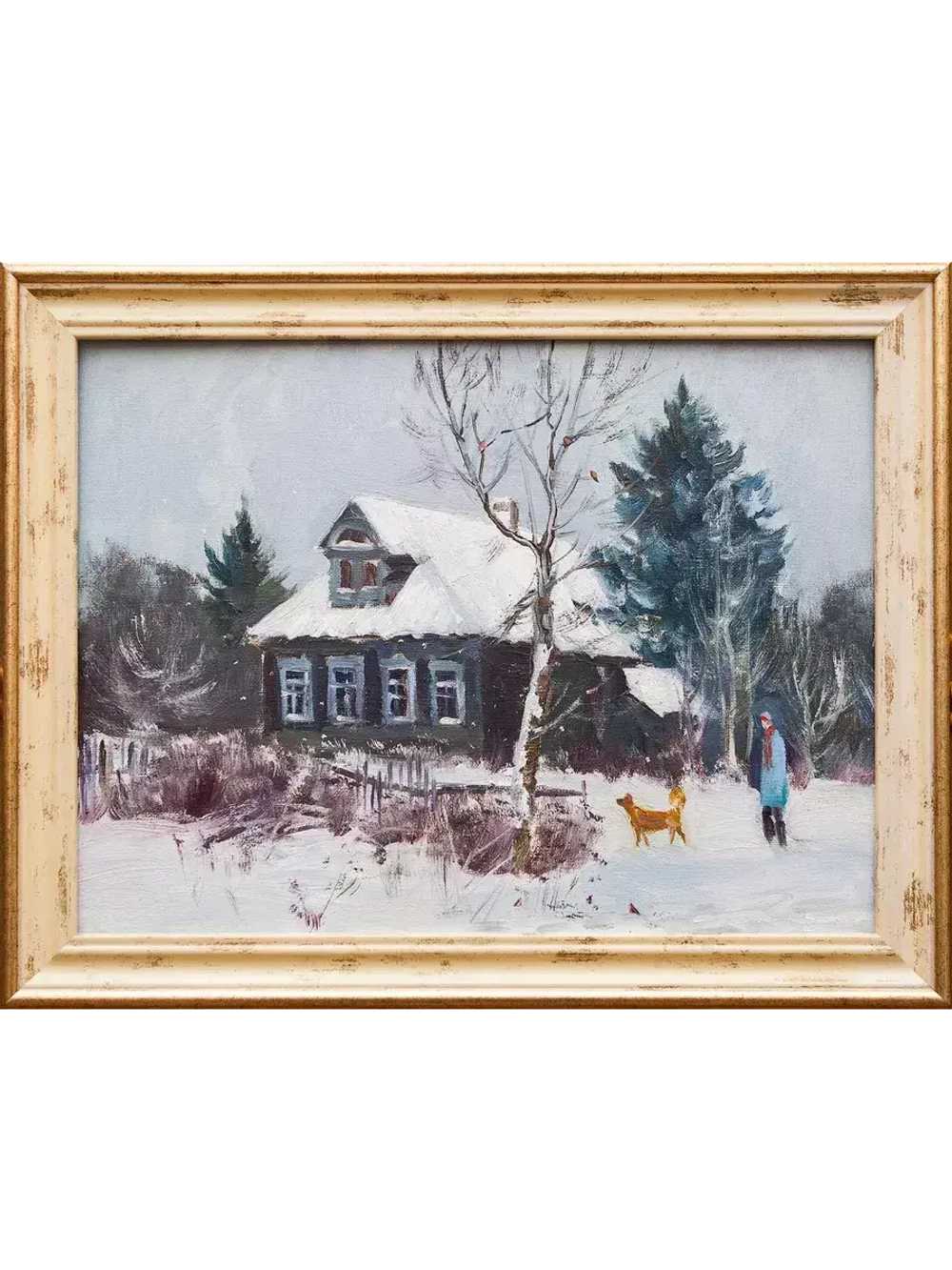 Картина маслом "Снежно в деревне" Рубцова