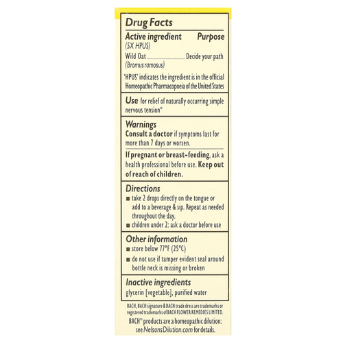 Bach, Original Flower Remedies, дикий овес, 10 мл (0,35 жидк. Унции)