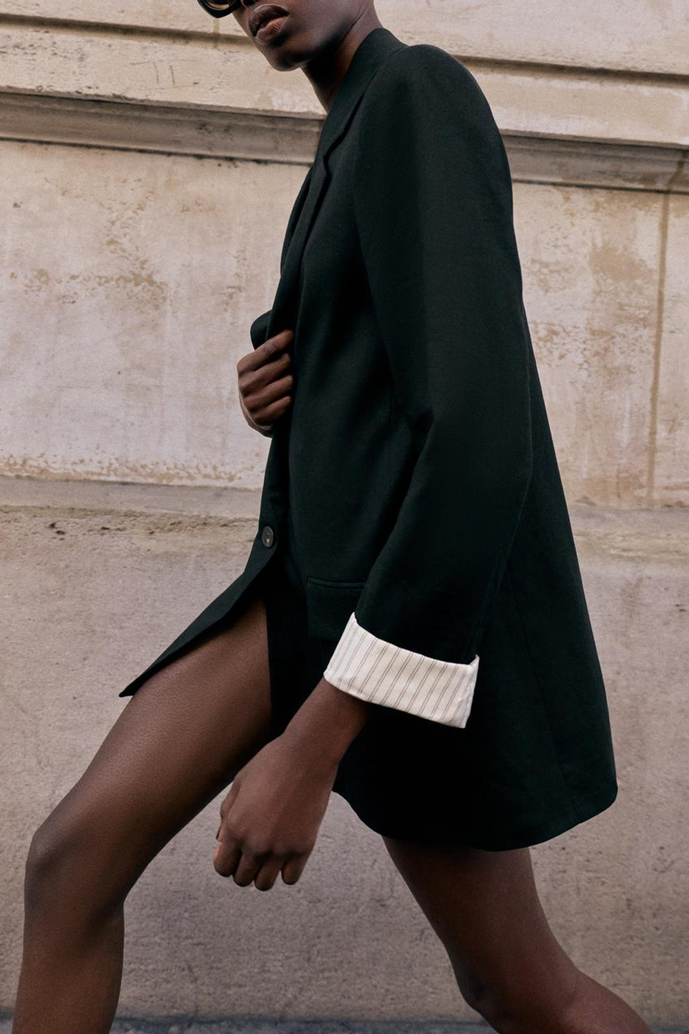 ZARA БЛЕЙЗЕР ИЗ СМЕСОВОГО ЛЬНА С ПОДВЕРНУТЫМИ РУКАВАМИ, ЧЕРНЫЙ