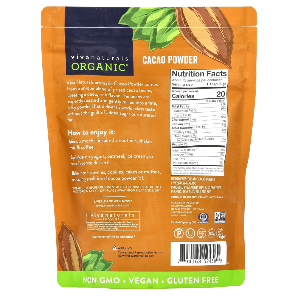 Viva Naturals, Органический порошок какао, 454 г (1 фунт)