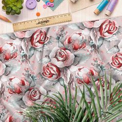 Ткань флис акварельные розы на сером