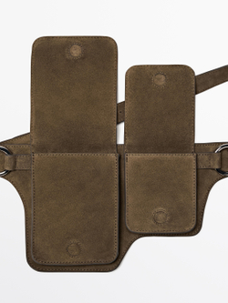 Massimo Dutti Поясная сумка из замши с двумя отделениями, хаки