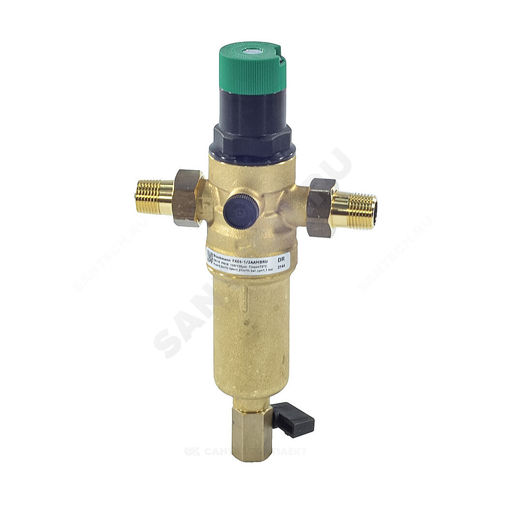 Фильтр сетчатый T-образный латунь Ду 20 Ру25 Тмакс=70 oC G3/4" НР FK06 с выходом под манометр с регулятором давления с краном Honeywell-Braukmann FK06-3/4"AAM
