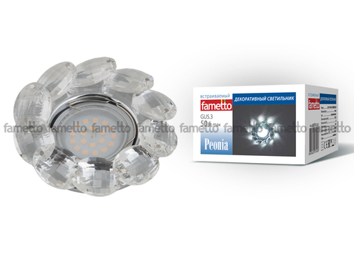 DLS-P114 GU5.3 CHROME/CLEAR Светильник декоративный встраиваемый ТМ Fametto, серия Peonia. Без лампы, цоколь GU5.3. Основание металл, цвет хром. О