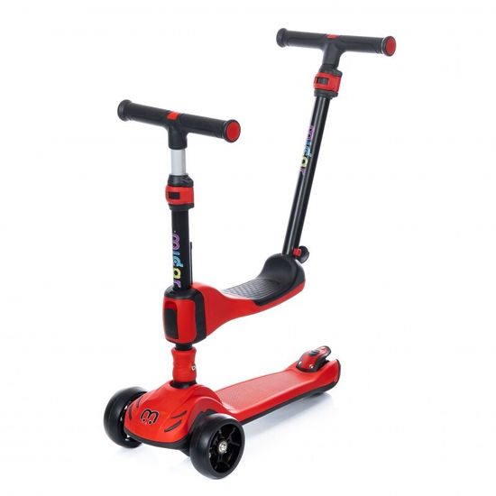 Самокат-беговел 3 в 1 Scooter Micar Transformer складной со светящимися колесами, сиденьем и родительской ручкой черно-красный