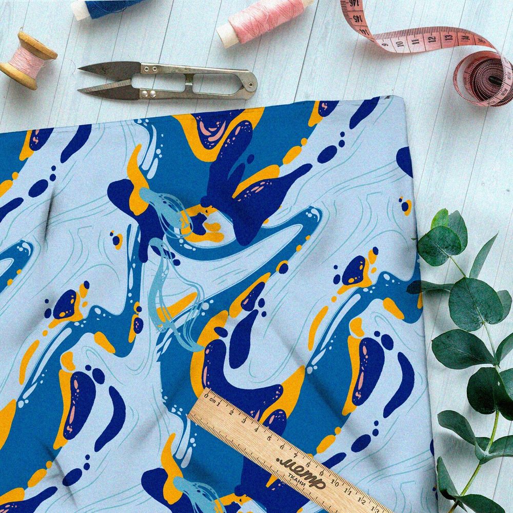 Ткань шелк Армани морская вода с цветными акцентами