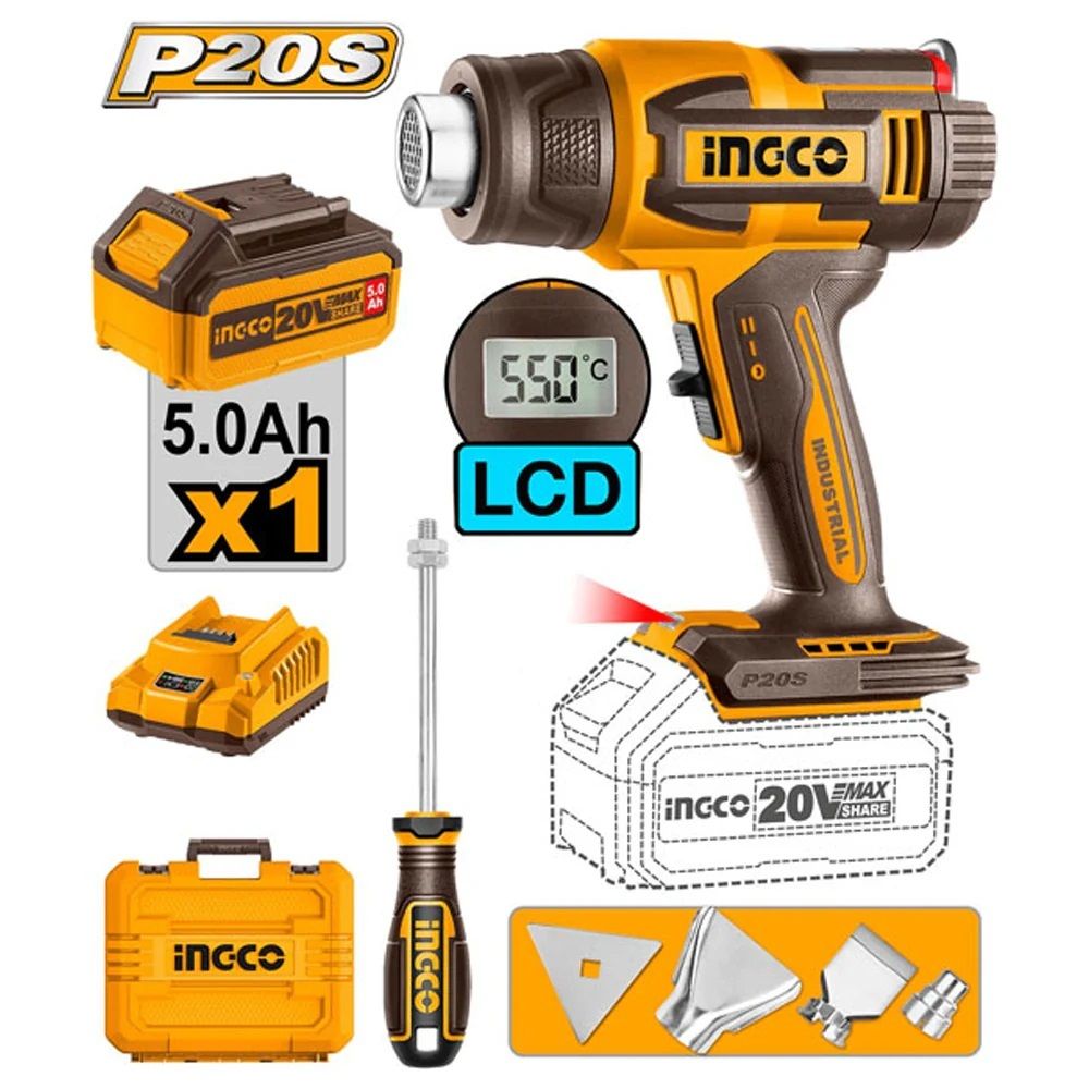 Фен аккумуляторный INGCO HGLI20035 INDUSTRIAL 20В с ЖК-дисплеем 30-550°C
