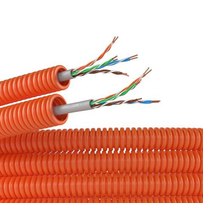 Электротруба ПНД гибкая гофрированная д. 16 мм, цвет оранжевый, скабелем витая пара 5EU/UTP нг(А)-HF, 50 м