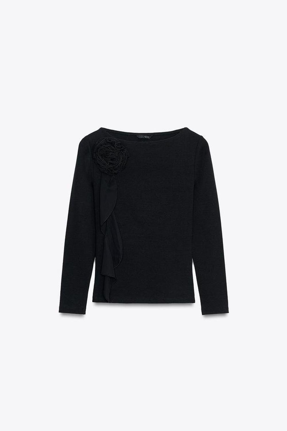 ZARA ФУТБОЛКА С ОБЪЕМНЫМ ЦВЕТКОМ, ЧЕРНЫЙ