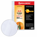 Файлы перфорированные А4 BRAUBERG комплект 100 шт. матовые 30 мкм (6 штук в упаковке)