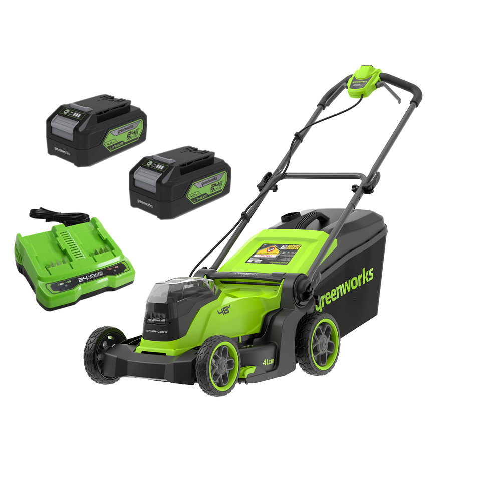 Газонокосилка аккумуляторная Greenworks GD24X2LM411 , 2х24V, 41 см, бесщеточная, c 2хАКБ 4Ач и двойное ЗУ (2520907UD)