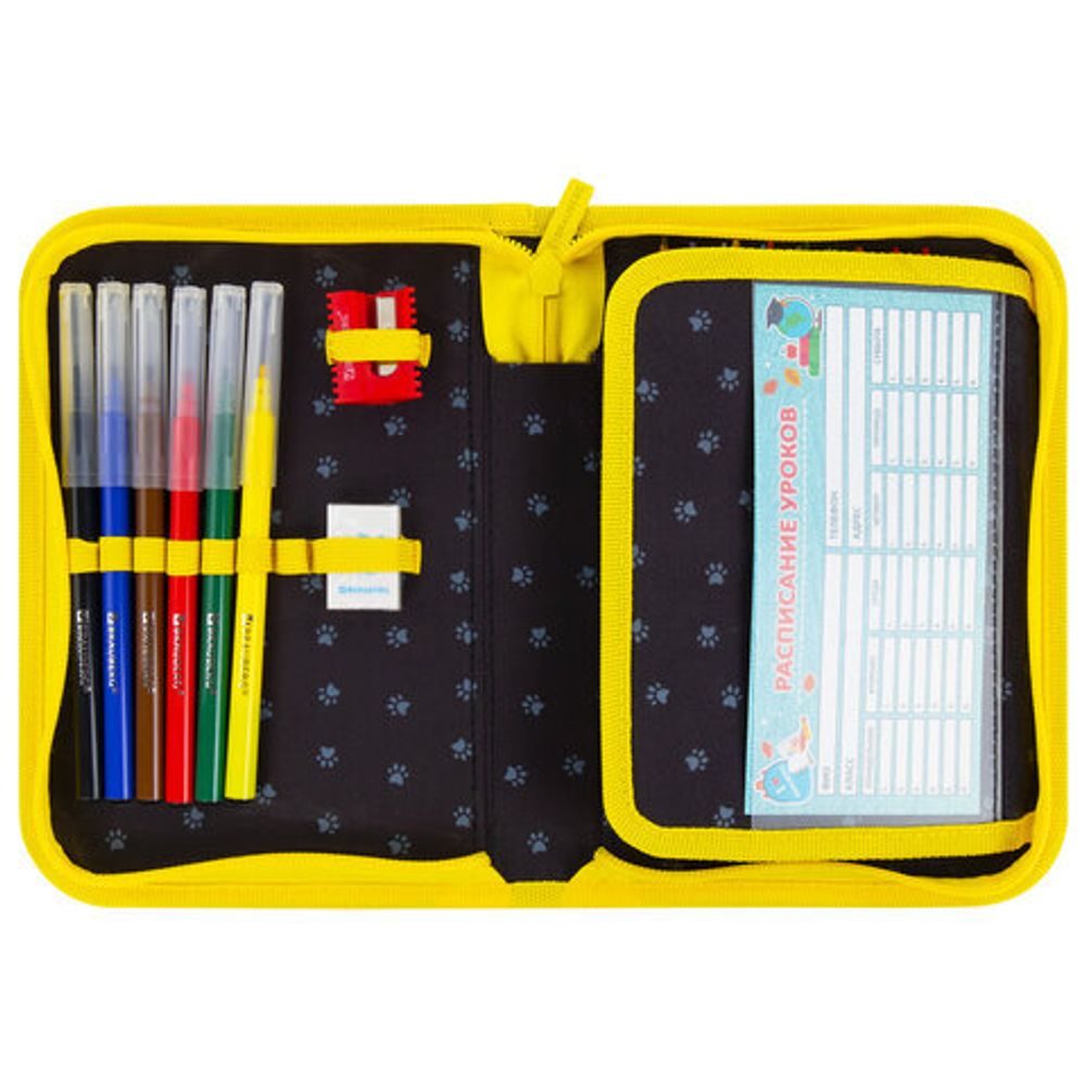 Пенал BRAUBERG с наполнением, 1 отделение, 1 откидная планка, 24 предмета, 21х14 см, "Dark cat", 272351