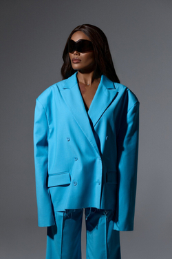 Брюки костюмные из крепа с необработанной талией, бирюзовый