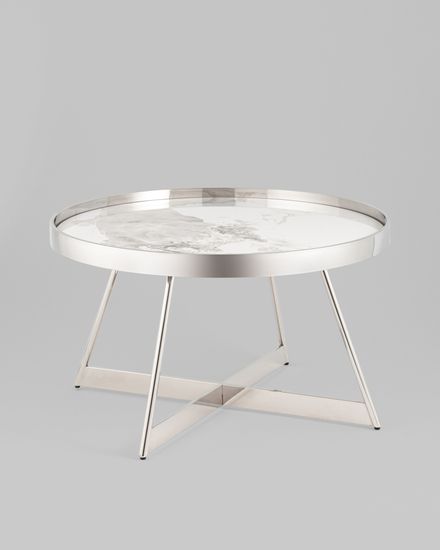 Журнальный столик Гера 80*80см белая керамика сталь серебро