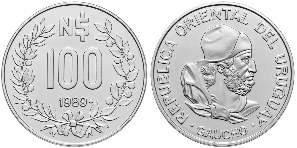 Уругвай 100 новых песо, 1989 Гаучо XF
