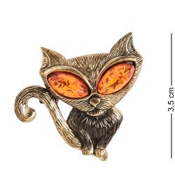 AM-2098 Брошь «Лисичка» (латунь, янтарь)