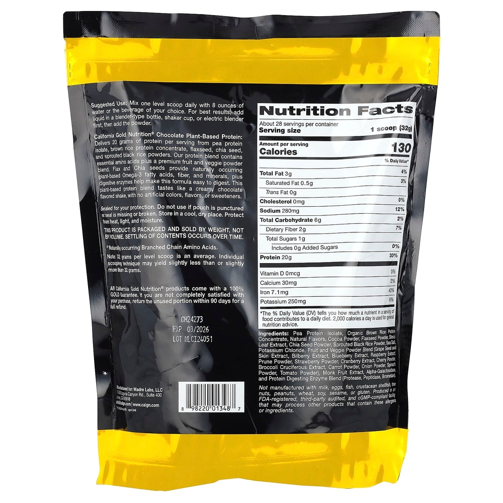 California Gold Nutrition, Sport, растительный протеин с концентратом протеина из органического коричневого риса, семенами льна и чиа, со вкусом шоколада, 907 г (2 фунта)