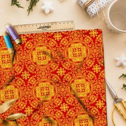 Ткань шелк Армани жёлтый резной калейдоскоп на красном фоне