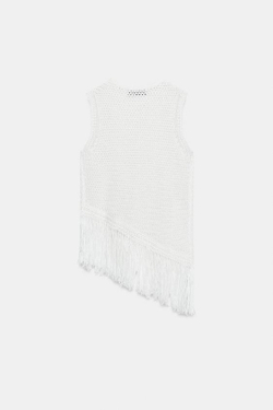 ZARA ТРИКОТАЖНЫЙ ТОП С БАХРОМОЙ, БЕЛЫЙ