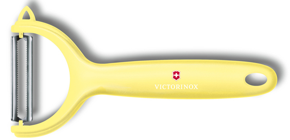 Фото нож для чистки томатов и киви VICTORINOX Swiss Classic Trend Colors двусторонее зубчатое лезвие из нержавеющей стали рукоять из пластика светло-жёлтого цвета в картонной коробке с подвесом с гарантией