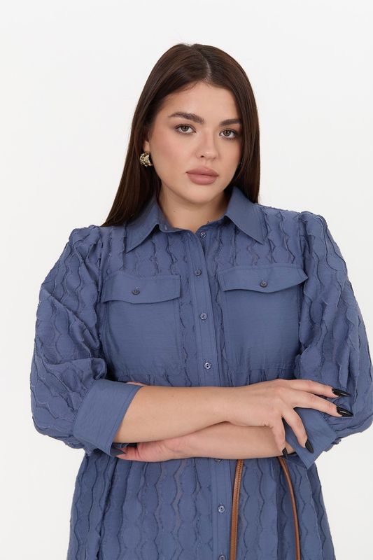 Платье-рубашка из вискозы жаккард, индиго