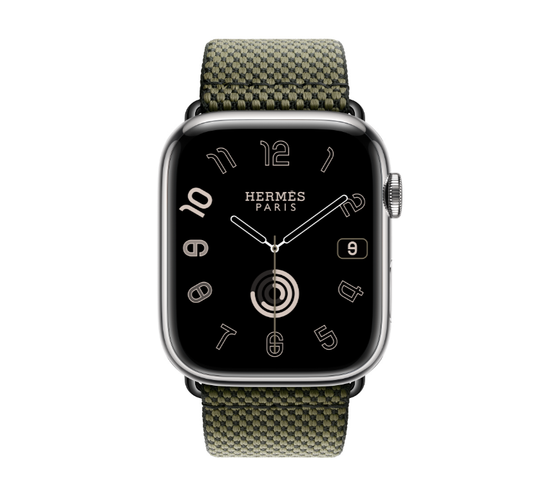 Apple Watch Hermès 45mm Silver Stainless Steel Case with Vert/Noir Toile H Single Tour