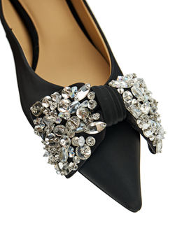 Женские туфли из кожи чёрные с бантом и камнями