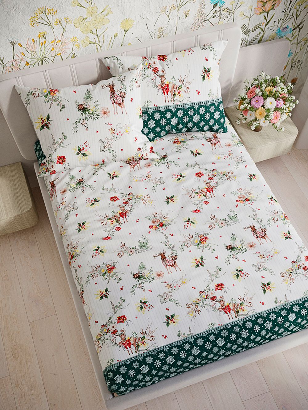 Постельное белье перкаль Сказка "Сочельник (зел)" 2-спальное Наволочка 50х70 см 2 шт Простынь 240x215 см Пододеяльник 175x215 см