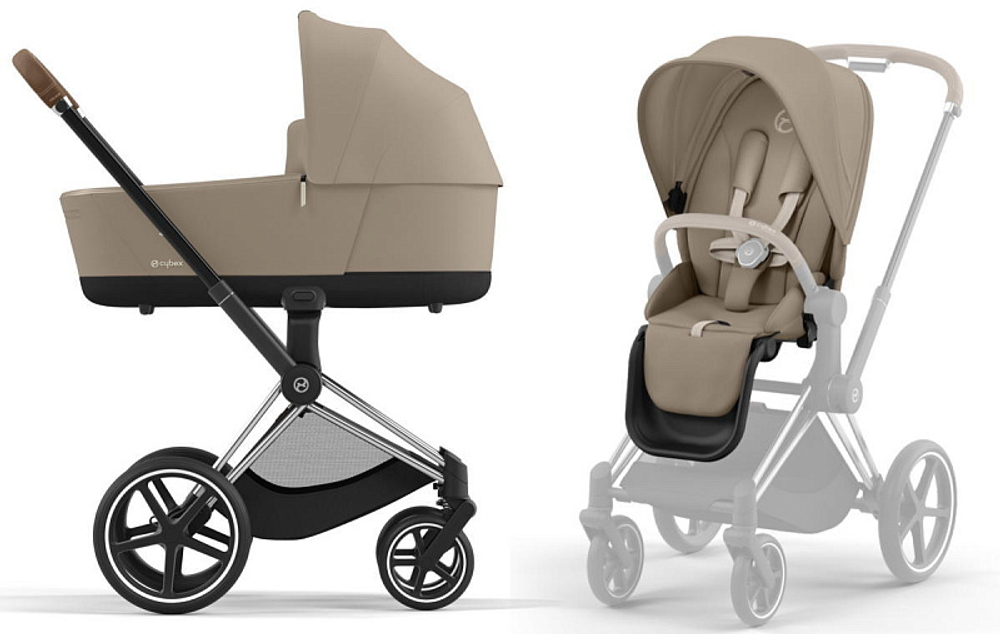 Коляска 3 в 1 Cybex Priam IV Chrome Brown complete и автокресло Aton B2 i-Size Bay Blue Cozy Beige