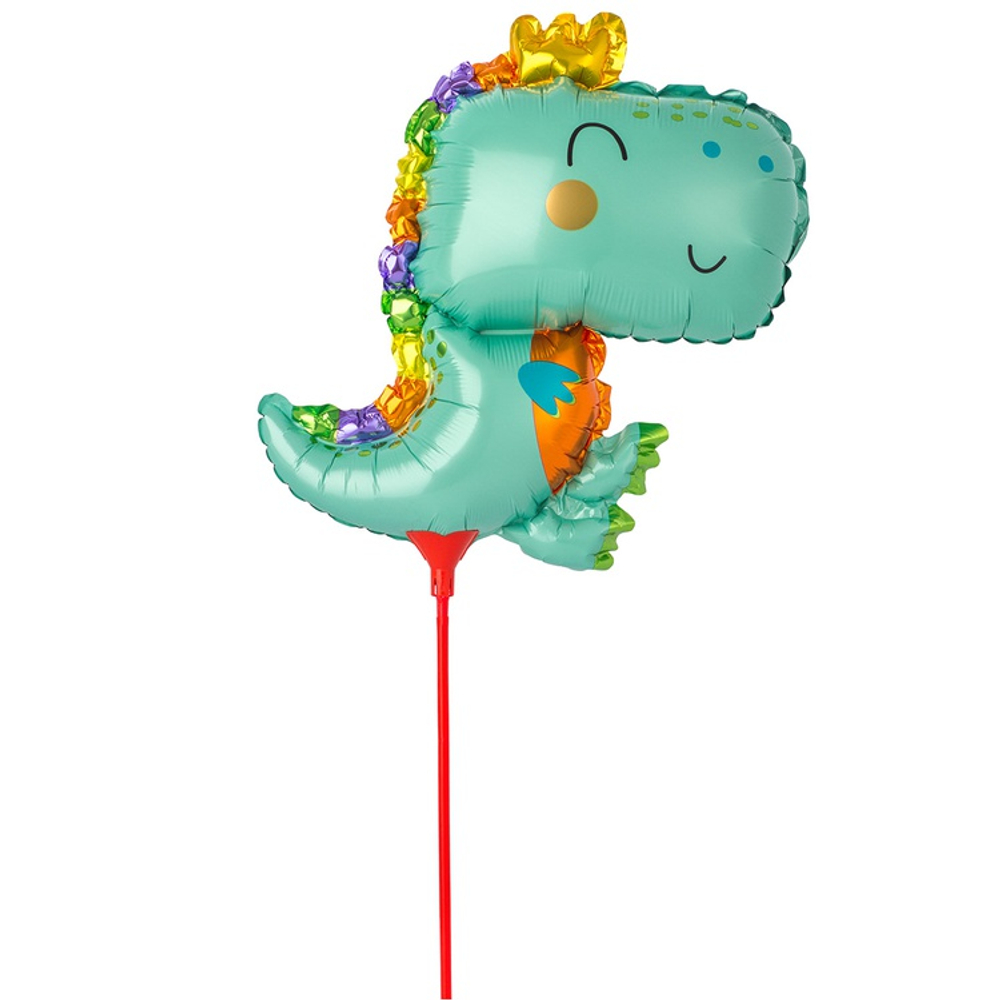 Шар Фольгированный Динозаврик в короне на палочк (Зеленый)
