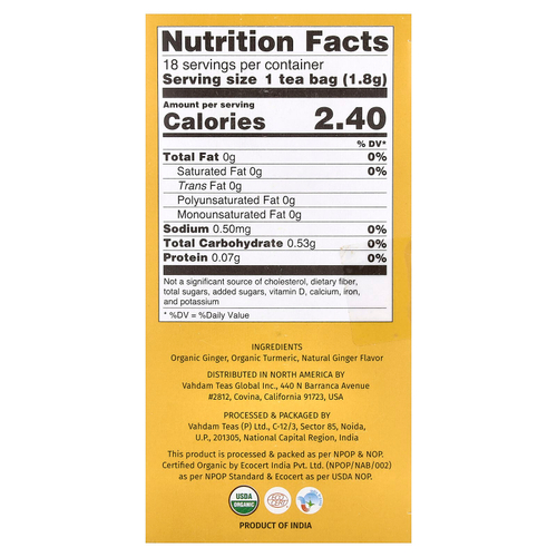 VAHDAM India, Infusions, травяной чай, куркума и имбирь, без кофеина, 18 пакетиков для заваривания, 32,4 г (1,14 унции)