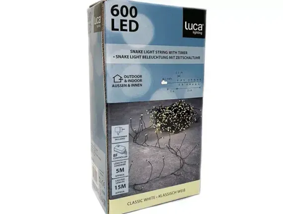 Гирлянда Капли 600 белых микро ламп, 1500 см., 8 функций, таймер, зеленый провод, Luca (84638)