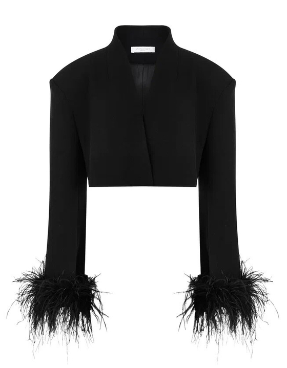 Жакет укороченный с перьями на рукавах, черный