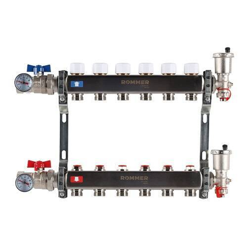 Коллекторная группа для радиаторного отопления ROMMER RMS3210 - 1" на 6 контуров 3/4"EK