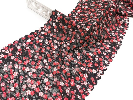 Эластичное кружево, цветочный принт на черном, 24 см, (Арт: EK-2787), м