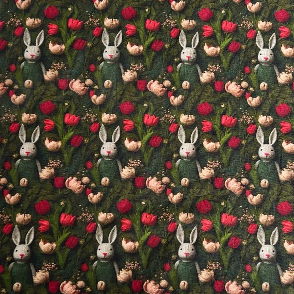 ВЯЗАНЫЙ ЗАЙЧИК С ТЮЛЬПАНАМИ,100% хлопок 1