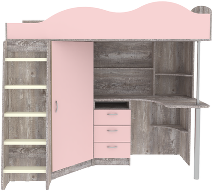 Кровать-чердак КарИВи Пионер с деревянной лестницей Бетон Розовый