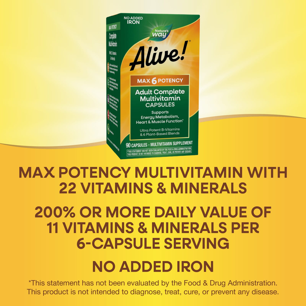 Nature's Way, Alive! Max6 Potency, мультивитамины повышенной эффективности, без добавления железа, 90 капсул