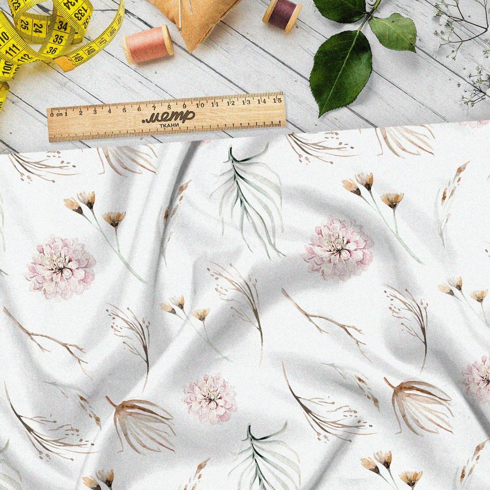 Ткань интерлок тонкие веточки с цветами