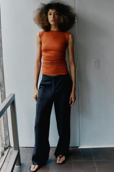 ZARA ТОП С БОКОВЫМИ СБОРКАМИ, ЦВЕТ ЖЖЕНОГО АПЕЛЬСИНА